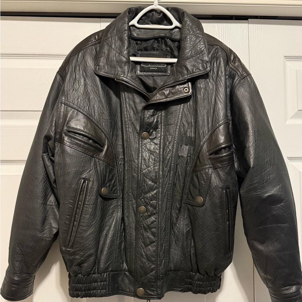 Black Leather Bomber Jacket 
Boutique of Leathers- Like New!